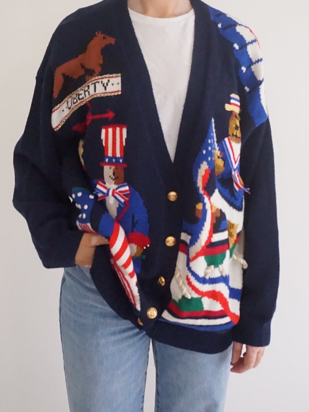 Vintage Susan Bristol Navy Patriotic Hand Embroidered Button Cardigan L